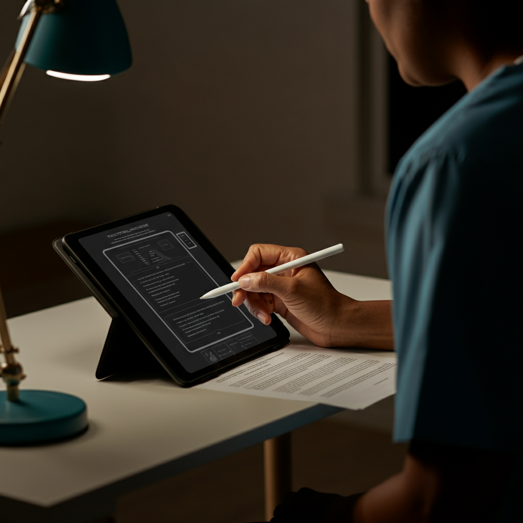 A person sitting at a desk, reviewing medical documents on a tablet. The desk is clean and organized, with a lamp providing focused lighting. The person is wearing professional attire and appears calm and focused.