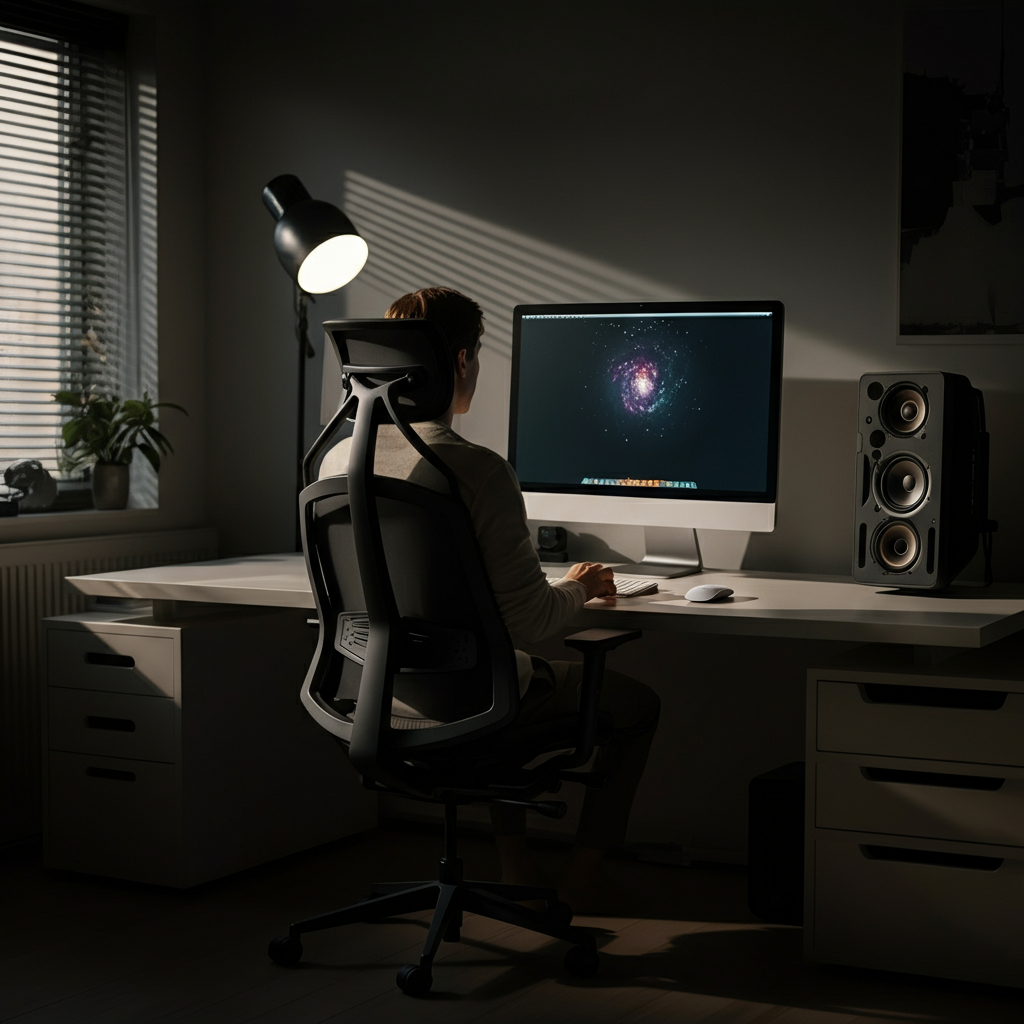 A minimalist home office with a large monitor and ergonomic chair. Natural light streams in through a window, highlighting the clean lines and uncluttered workspace. The focus is on the equipment and the sense of calm productivity.