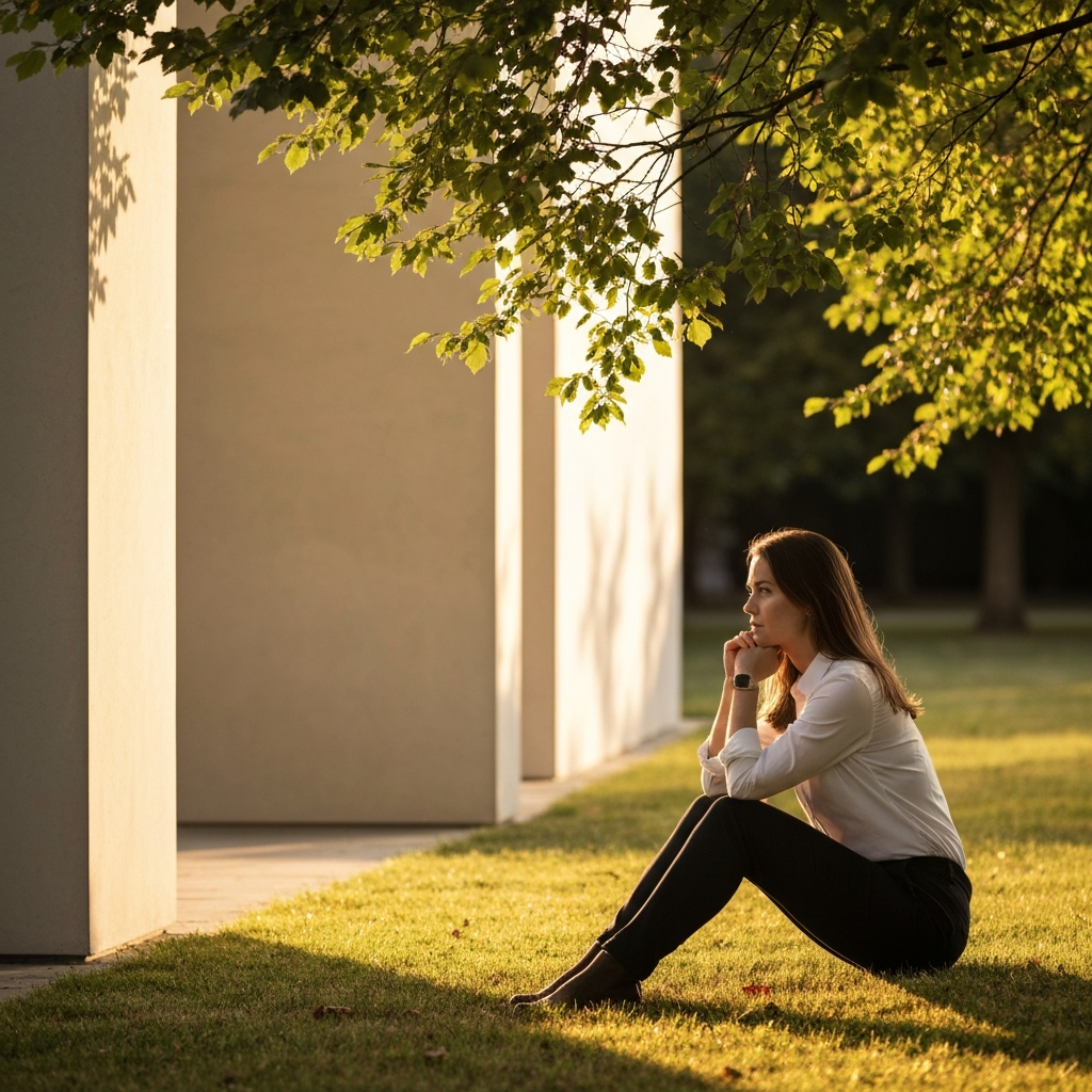 A woman sitting alone in a park, bathed in golden hour lighting. She's looking thoughtfully at her hands, resting in her lap. The leaves on the trees behind her are sharp and detailed.