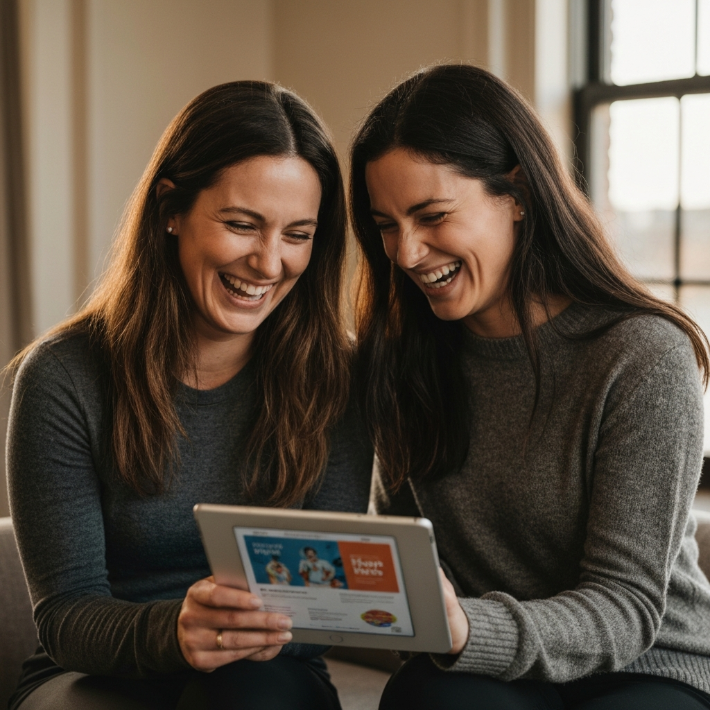 Two women are laughing together while looking at a tablet in a well lit room. The tablet displays a colourful advertisement. Their hair and clothes are textured under the natural light.