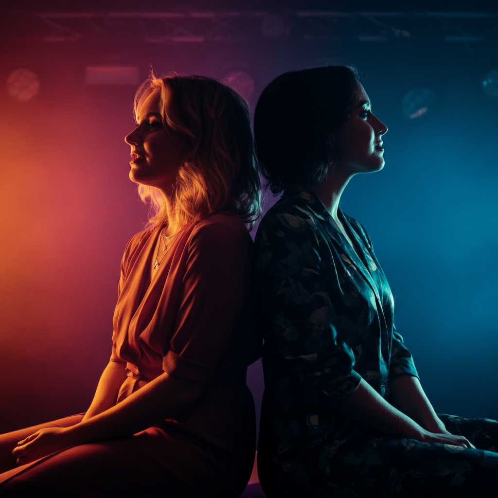 Two women sit side-by-side at a concert. The stage lights are a vibrant mix of colors, casting a glow on their faces. They're both smiling and engaged with the performance.