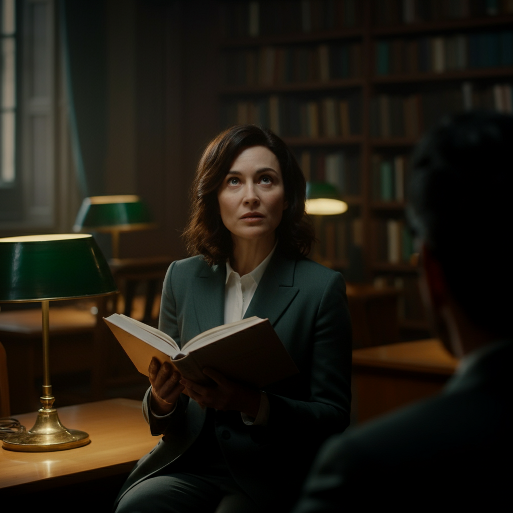 A woman in a library looks up from her book, making eye contact with someone across the room. Soft, diffused light filters through the windows, illuminating the books and desks.