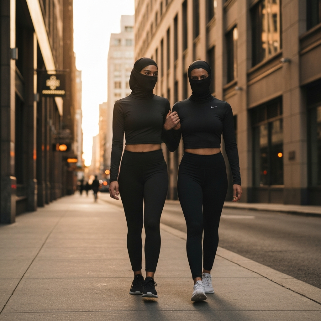 Two women walk down a city street. They are close together, their shoulders almost touching. The buildings behind them are tall and modern, with a shallow depth of field.