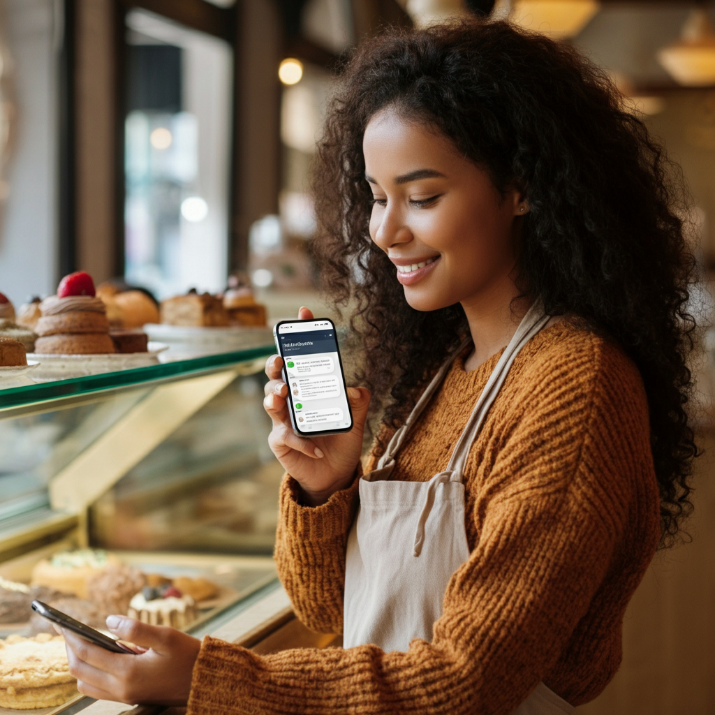 A woman smiling as she looks at her smartphone, which is displaying a chat screen. The background is a brightly lit cafe with pastries on display.