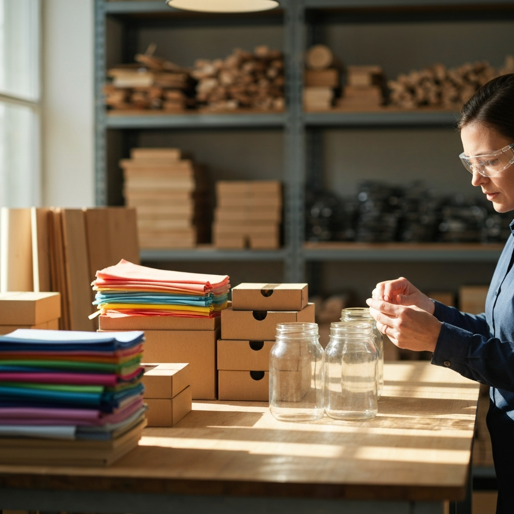 A brightly lit workshop. Sunlight streams in, illuminating stacks of sorted materials - colorful fabric scraps, neatly stacked cardboard boxes, and sparkling clean glass jars. A person with safety glasses is sorting through the materials, thoughtfully examining each piece. Soft bokeh in the background shows more materials, including wood scraps and metal pieces.