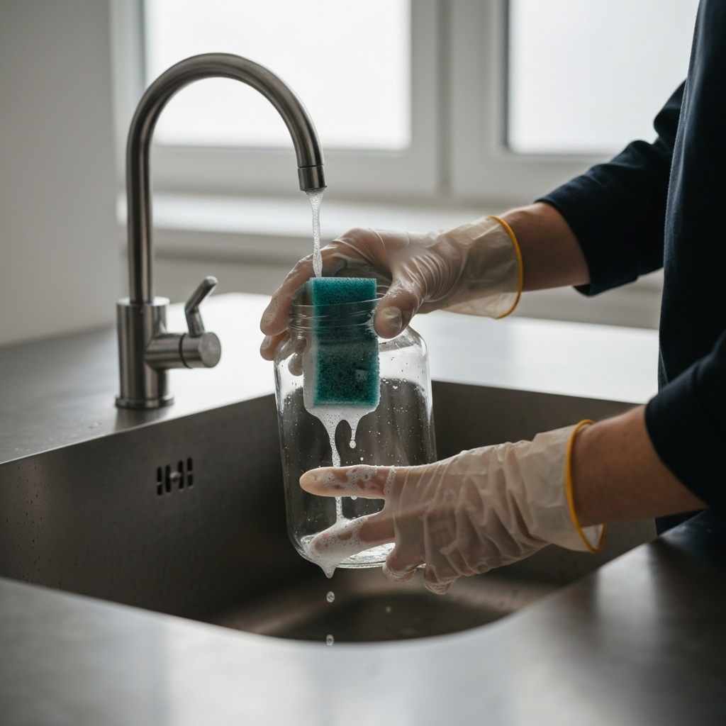 Close-up shot of hands wearing protective gloves meticulously cleaning a glass jar with soapy water in a stainless steel sink. Natural light reflects off the jar, highlighting the water droplets and the texture of the cleaning sponge.