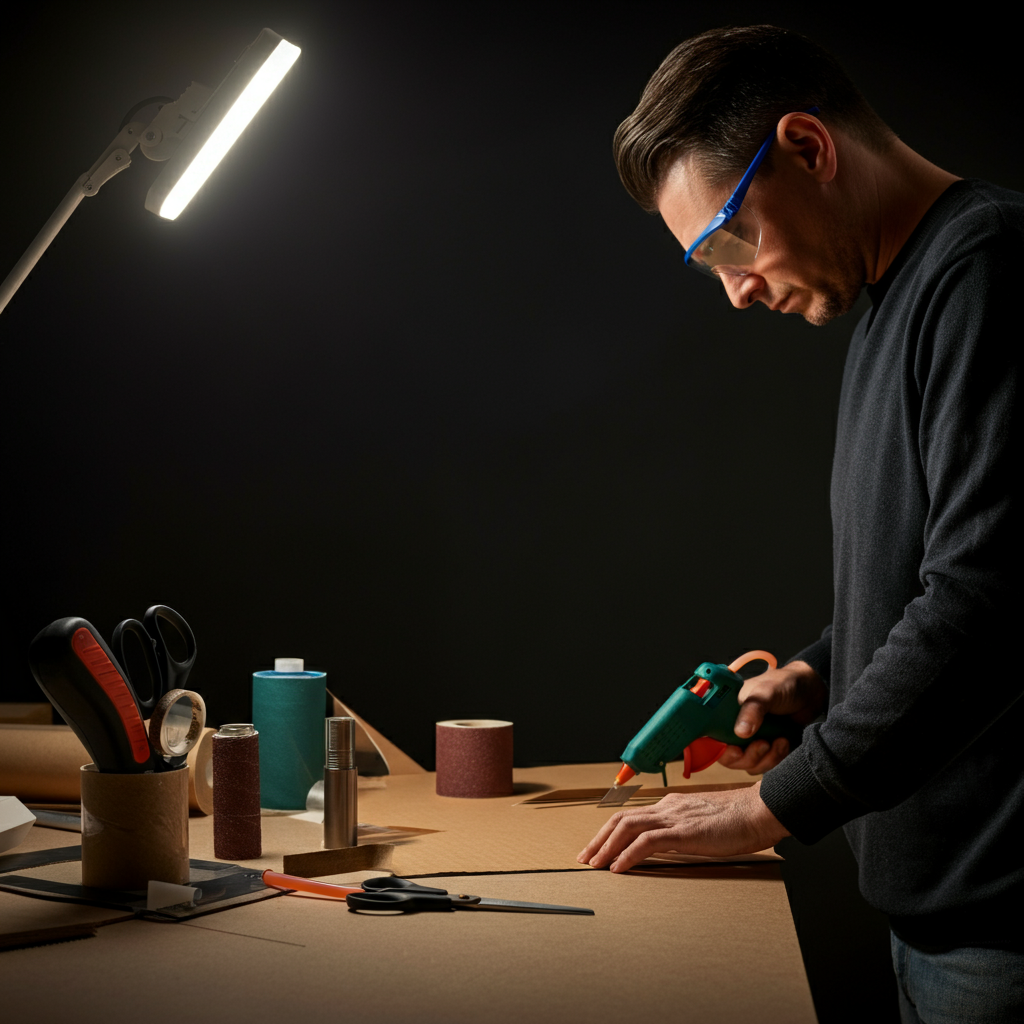 A side-lit workbench showing various tools – scissors, glue gun, a small saw, and sandpaper. In the background, a person is carefully cutting a piece of cardboard with a craft knife, wearing safety glasses. Focus is on the tools and the precision of the cutting motion.