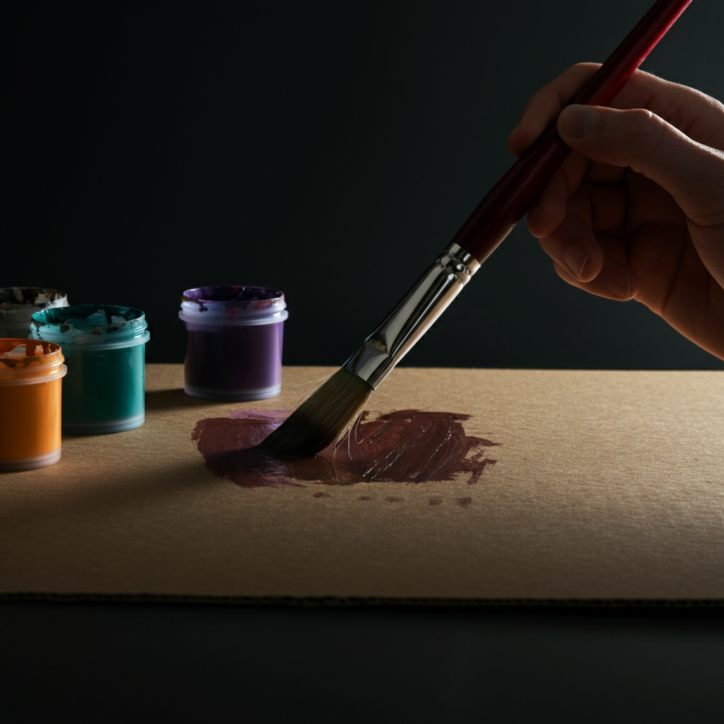 Close-up of a hand using a dry brush technique to apply paint to a textured cardboard surface. Various paint colors are visible in small containers. The light catches the brush bristles, highlighting the texture of the paint and the cardboard.