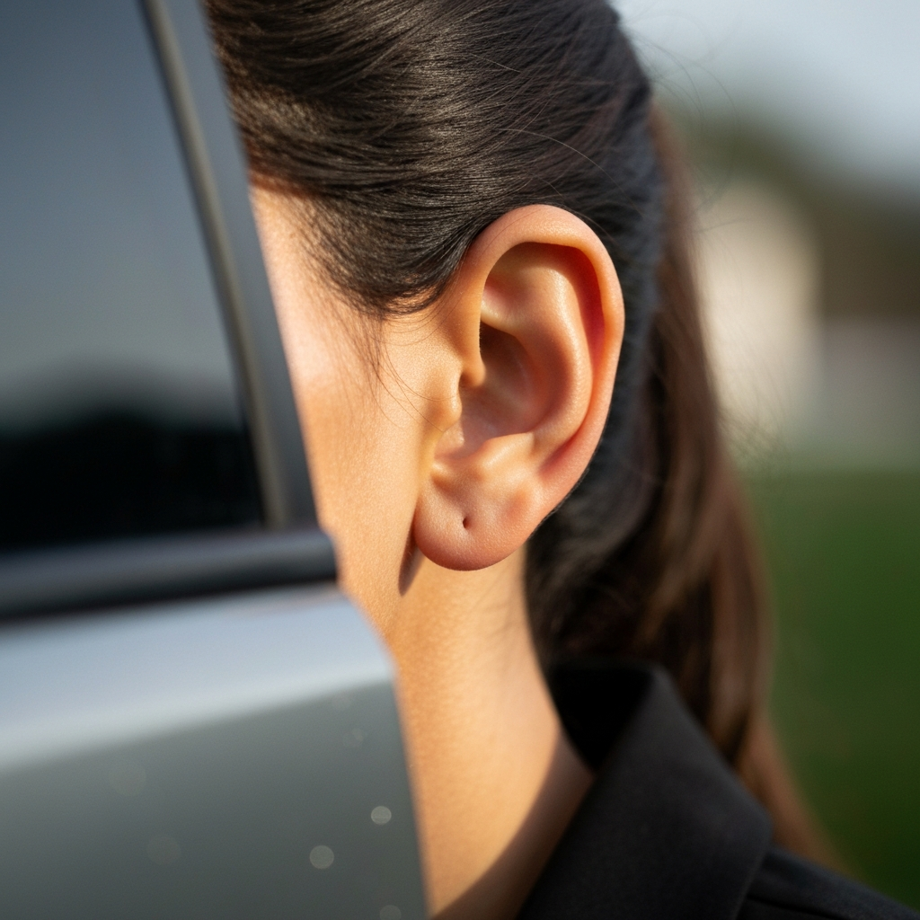 Close-up of a person's ear next to a car door. Soft natural light illuminates the textures of the car paint and the ear. The background is blurred with soft bokeh.