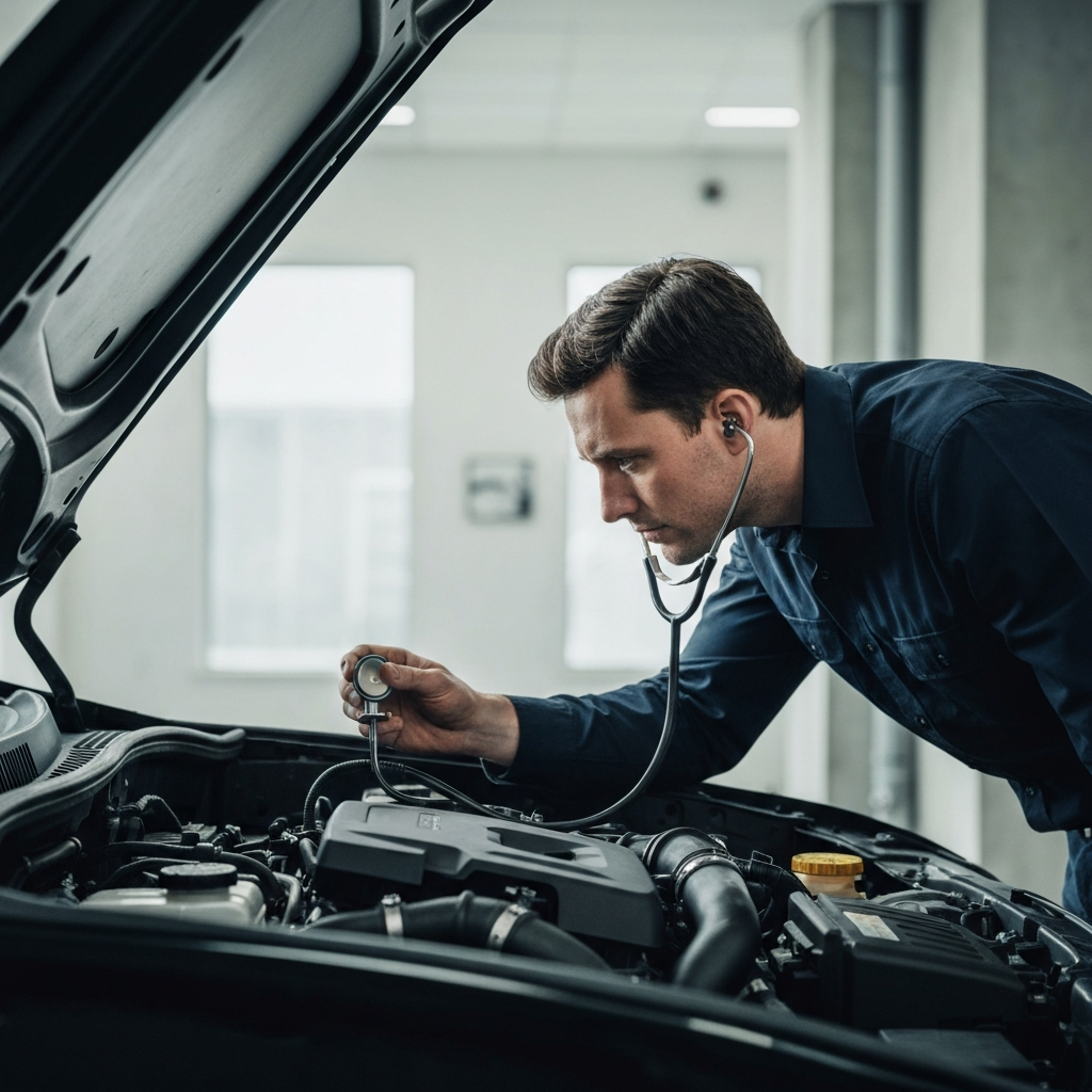 A mechanic leans over an open car engine, using a stethoscope with a metal probe. The engine bay is clean, illuminated by overhead fluorescent lights. Details of the engine components are sharply focused.