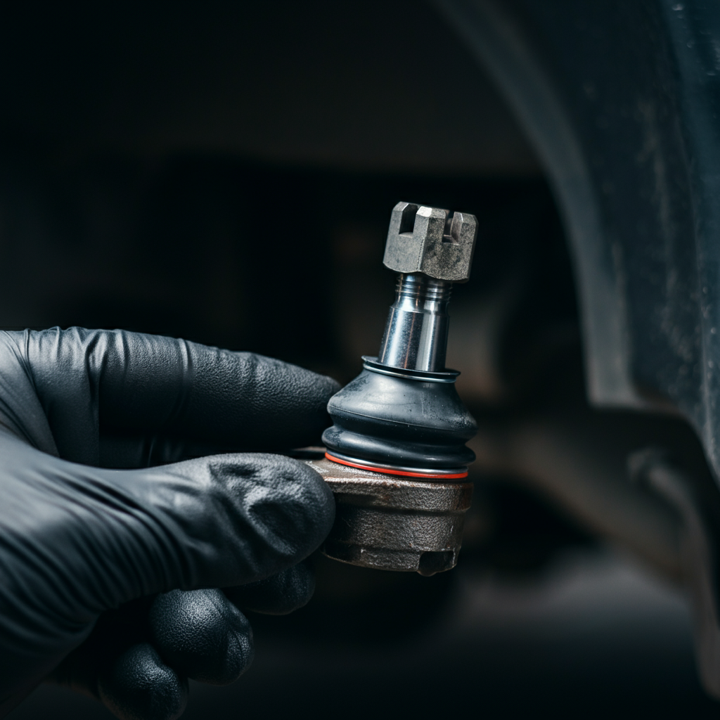 A mechanic's gloved hand pointing to a worn ball joint in a car's suspension system. The background is slightly blurred, emphasizing the texture and wear on the ball joint.