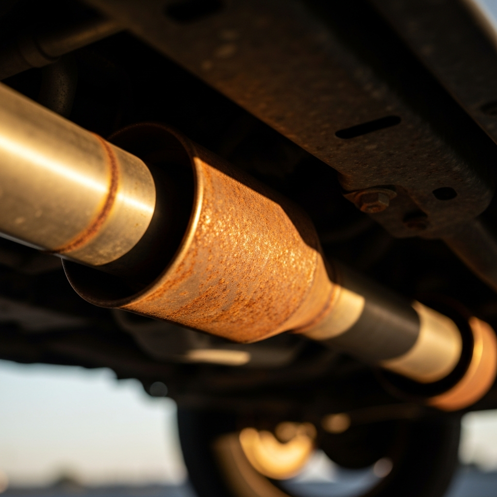 A close-up of a rusted exhaust pipe under a car, side-lit with golden hour lighting. The textures of the rust are prominent, with a shallow depth of field.