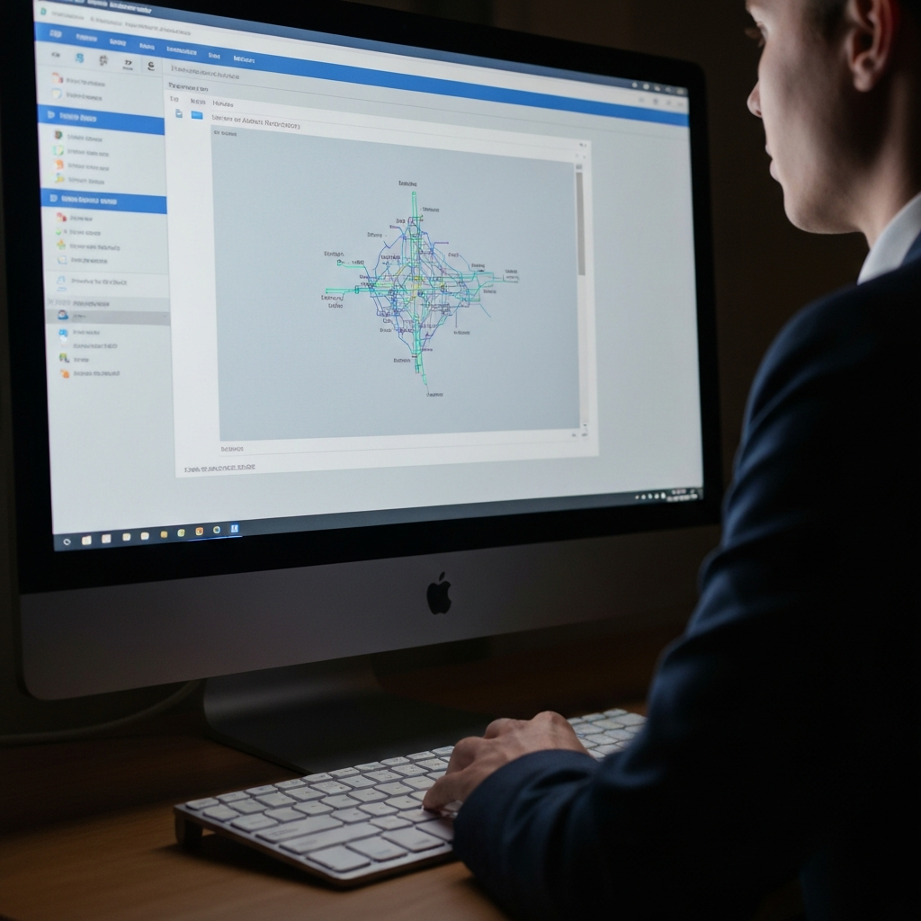 Close-up shot of a computer screen displaying a disk space analyzer program, showcasing a visual map of file sizes and locations. The screen's soft glow illuminates the keyboard in the foreground, creating a sense of depth.