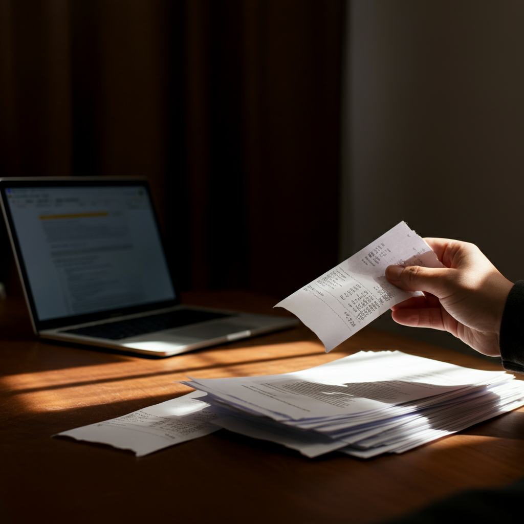 A hand sifting through a pile of papers and receipts on a wooden desk, with a laptop open in the background displaying a file explorer window. Soft, diffused light streams in from a nearby window, casting gentle shadows on the textured paper.
