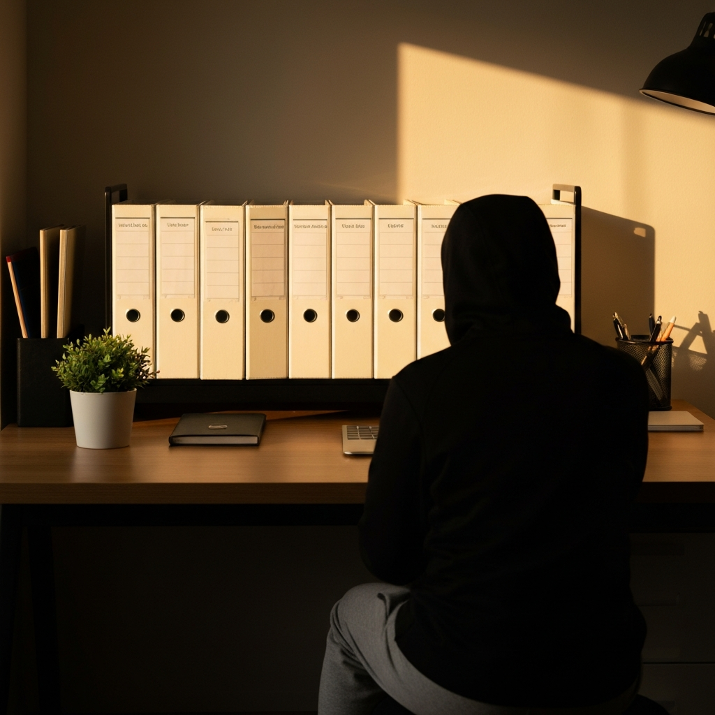 A neatly organized desk with labeled file folders arranged in a row. A small potted plant sits beside the folders, adding a touch of greenery. The scene is bathed in warm, golden-hour light, creating a professional and inviting atmosphere.