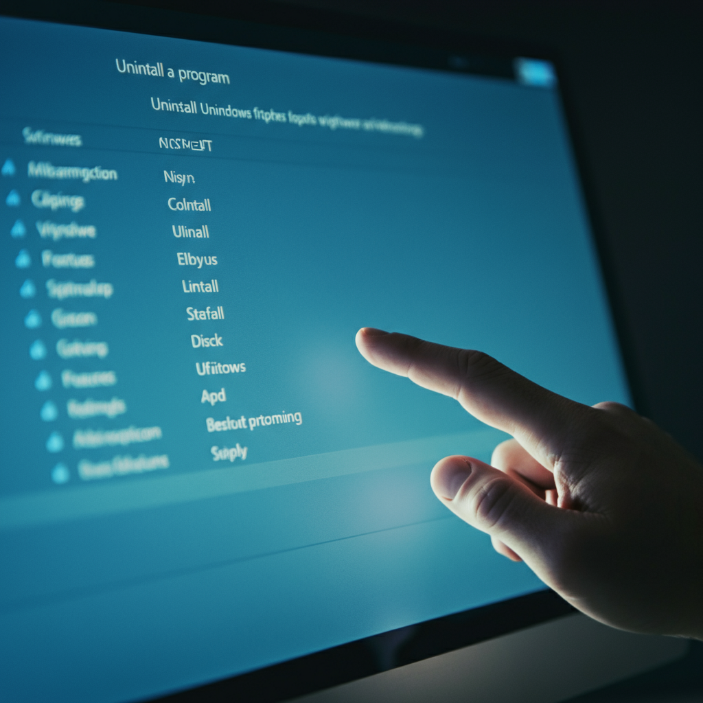 Close-up of a computer screen displaying the "Uninstall a program" window in Windows, with various software applications listed. The soft light from the screen illuminates a hand hovering over the "Uninstall" button, creating a sense of focus and decision.