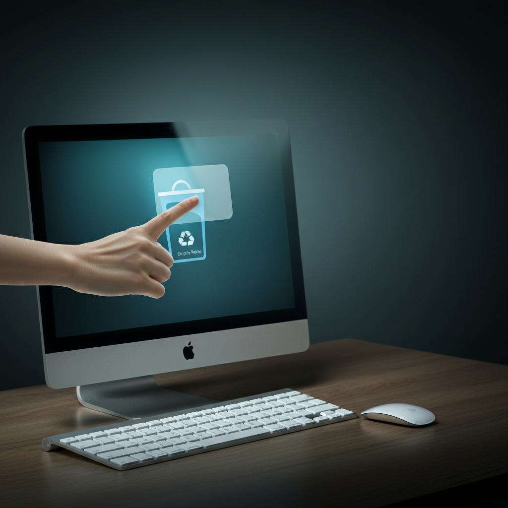 A hand clicking the "Empty Recycle Bin" icon on a computer desktop. The desktop background is clean and minimalist, with a single, serene landscape image. The overall impression is one of order and efficiency.