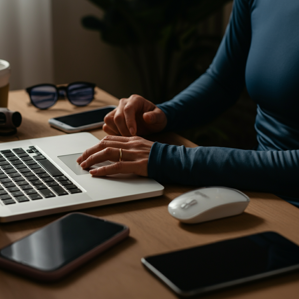 A person working on a laptop at a modern desk, with a variety of tech gadgets and accessories neatly arranged around them. Soft, diffused light fills the room, creating a bright and productive workspace.