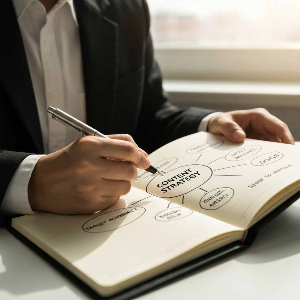 Close-up of a person's hands holding a notebook and pen, sketching a mind map with terms like "target audience", "needs", and "goals" written around a central circle labeled "Content Strategy". Soft, natural light from a window illuminates the scene.
