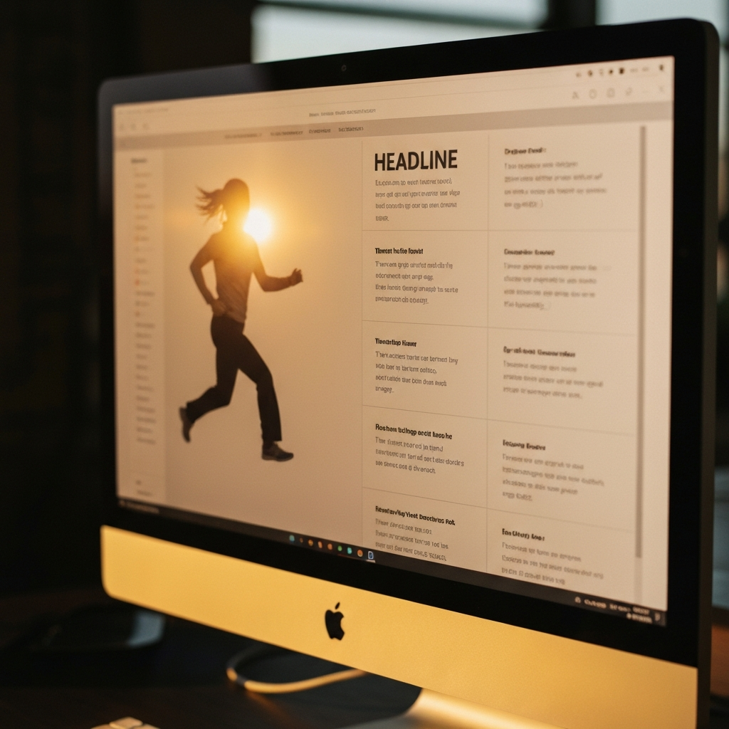 A close-up shot of a computer screen displaying various headline options for a blog post. Golden hour lighting reflects off the screen, creating a warm and inviting glow. The monitor is a high-resolution display showing crisp text.