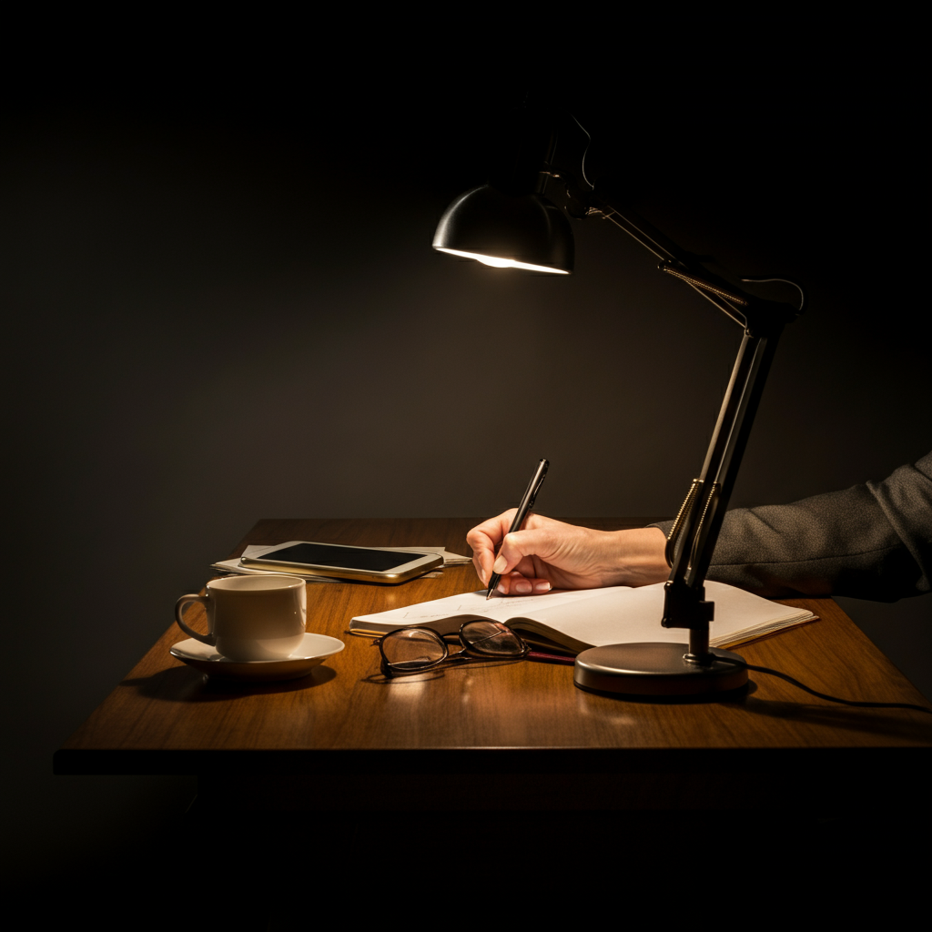 A writer sits at a desk, illuminated by a desk lamp. The desk is clean and organized, with a cup of coffee and a notebook nearby. Side-lit textures reveal the grain of the wooden desk.