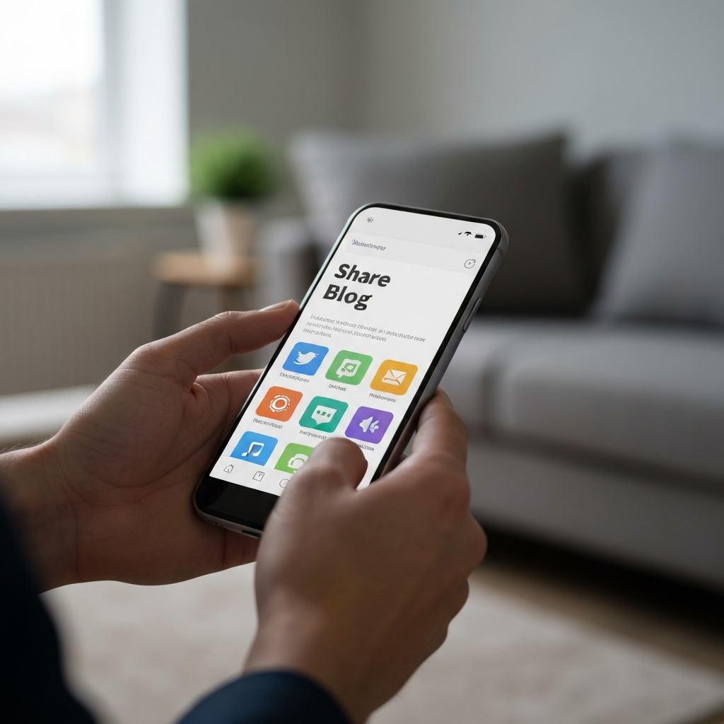 A person's hands are shown using a smartphone to share a blog post on various social media platforms. The smartphone screen is in focus, while the background is blurred.