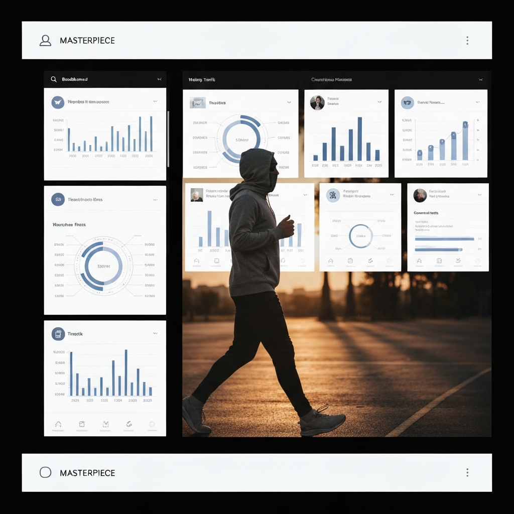 A dashboard displays various data visualizations showing website traffic, social media engagement, and conversion rates. The lighting is soft and professional, emphasizing the data being presented.