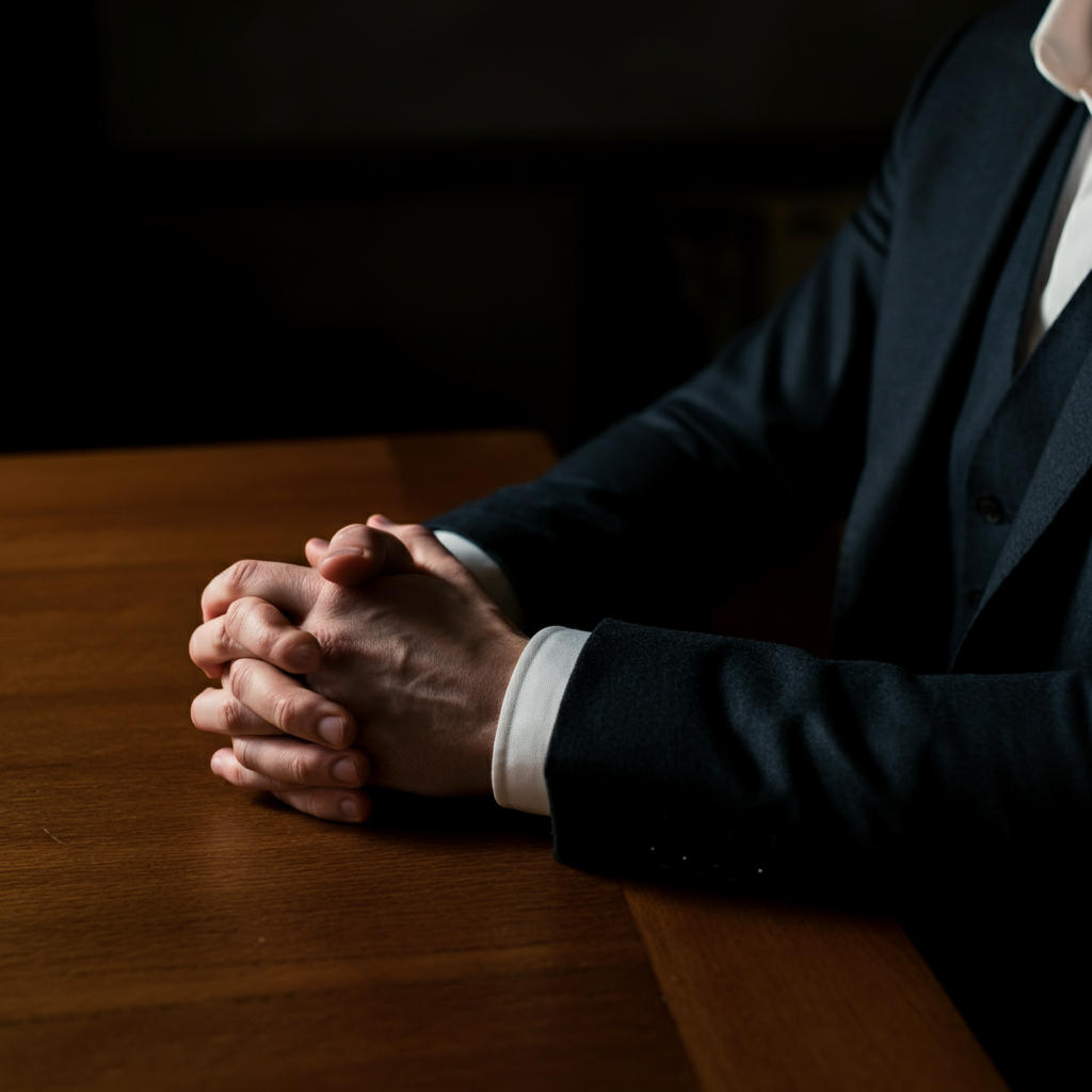 Close-up of two hands clasped together on a warmly lit wooden table. Focus is on the gentle texture of the skin and the soft, natural light.