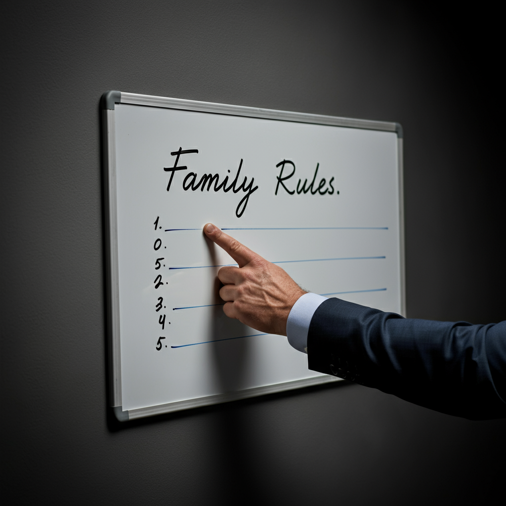 Close-up of a hand pointing to a whiteboard with the words "Family Rules" written in neat cursive. Soft, diffused light on the whiteboard's surface.