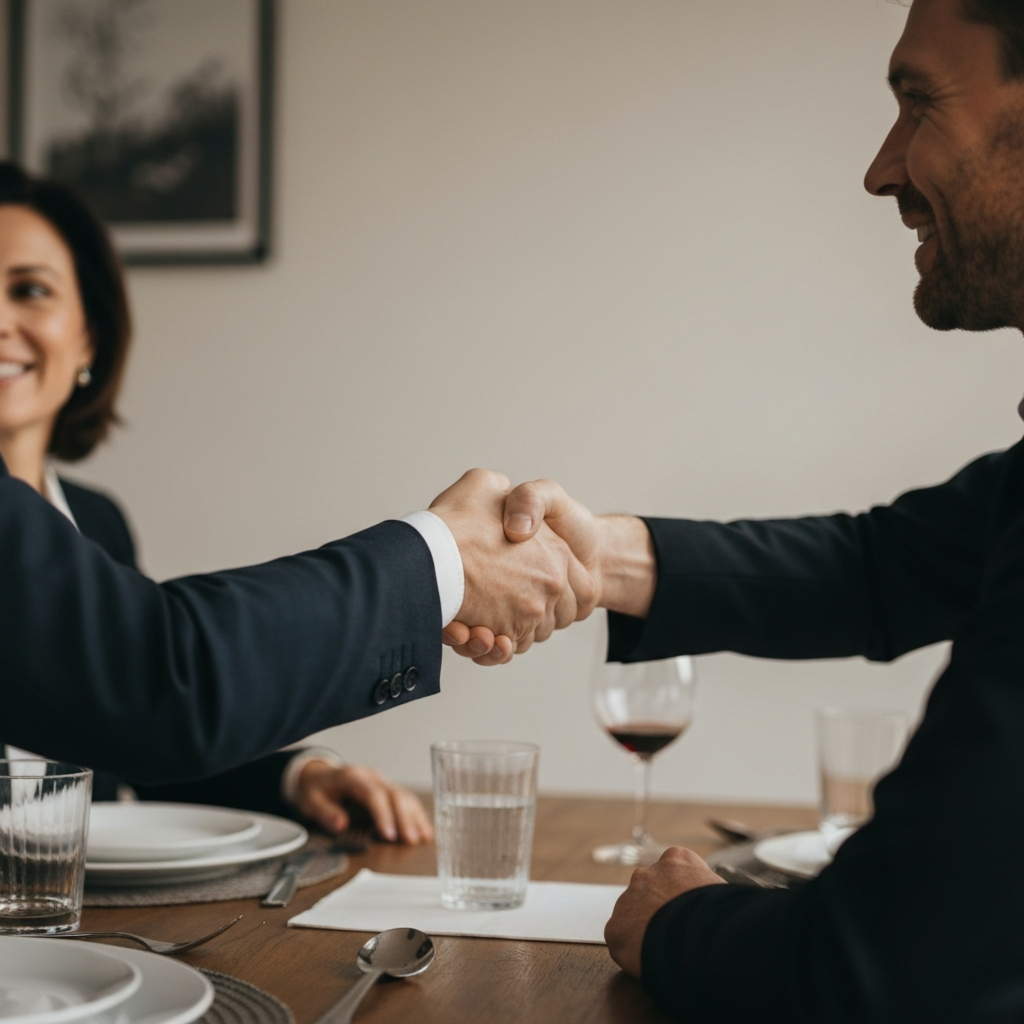 Two adults, seen from the waist up, shaking hands firmly across a dining table. The focus is on the clasped hands, with the faces slightly blurred in the background. The lighting is warm and inviting.