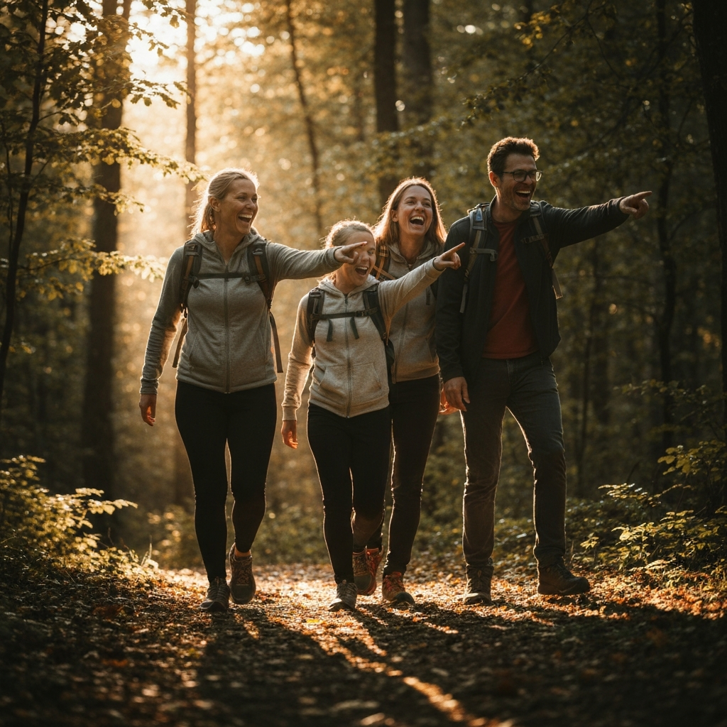A family of four hiking through a forest, bathed in dappled sunlight filtering through the trees. They are laughing and pointing at something in the distance. Focus on the textures of the leaves and the natural light.