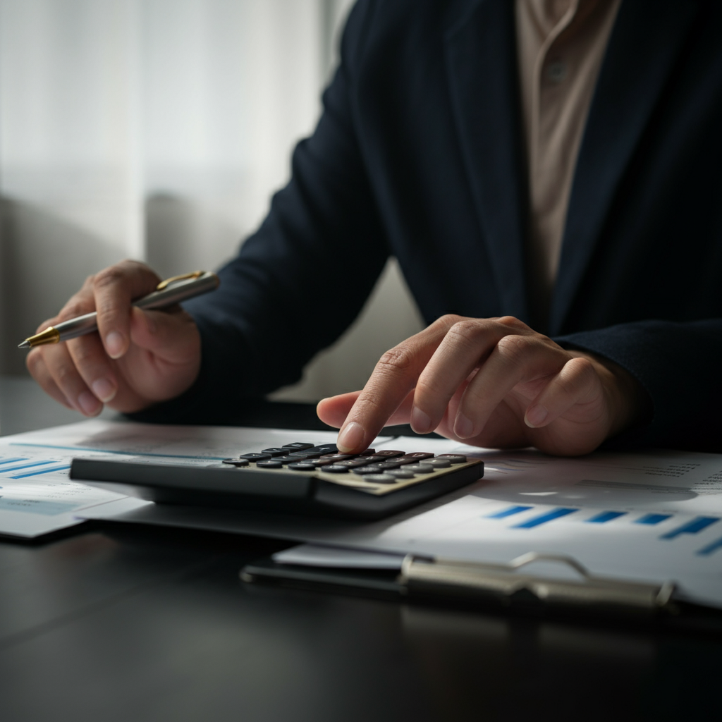 Close-up of hands using a calculator, financial reports spread on a desk under soft, diffused daylight coming from a nearby window. Focus on the texture of the paper and the metallic sheen of the calculator.