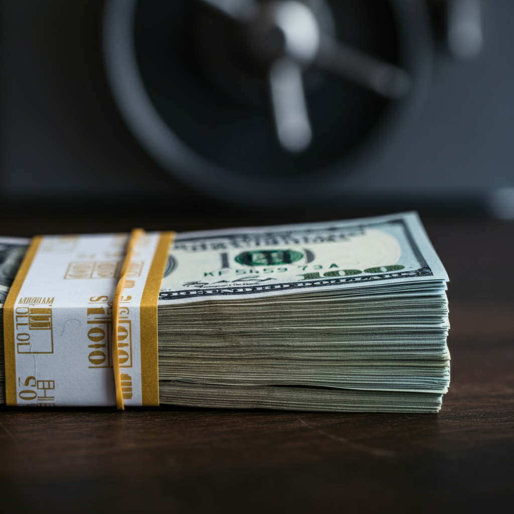 A stack of crisp hundred-dollar bills secured with a rubber band, side-lit to emphasize the paper texture. The background is out of focus, suggesting a safe or vault.