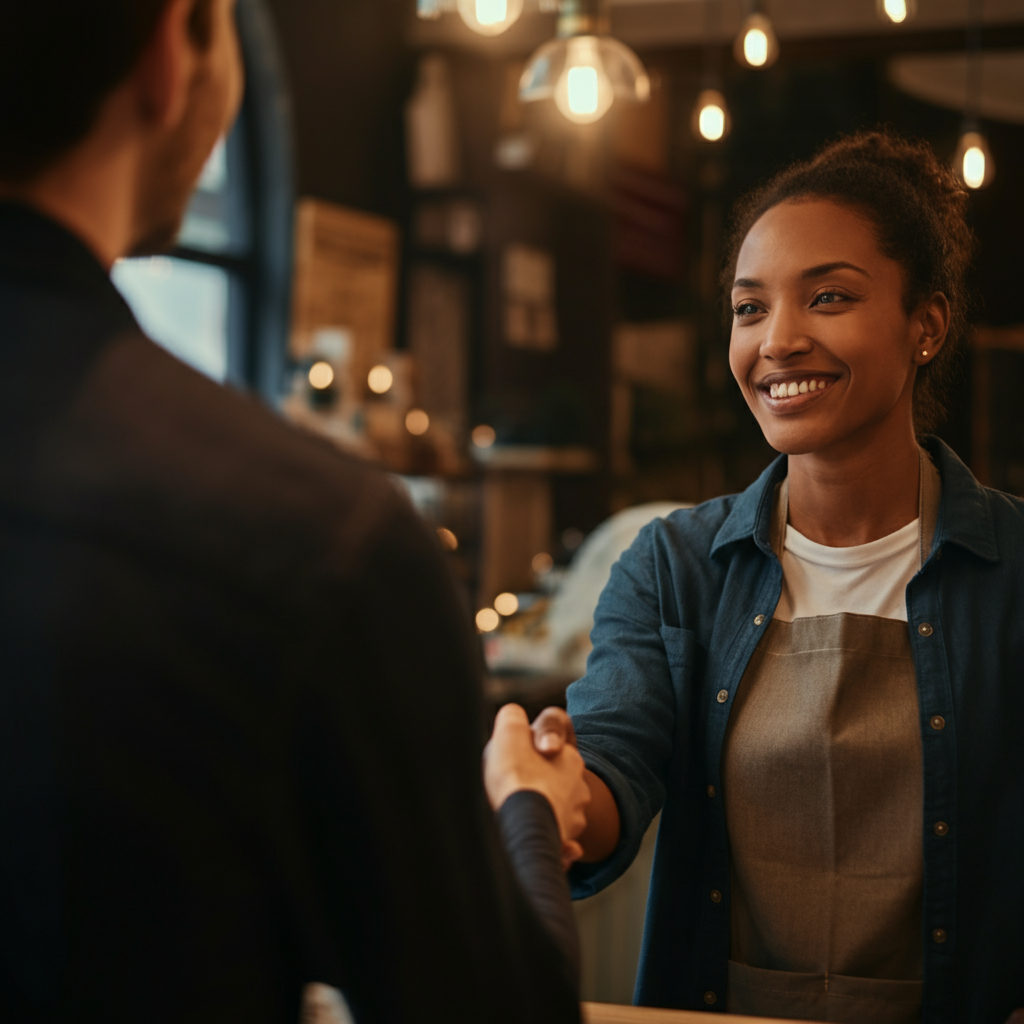 A small business owner warmly greeting a customer in a brightly lit, inviting storefront. Focus is on the genuine smile and friendly interaction. Soft bokeh in the background.
