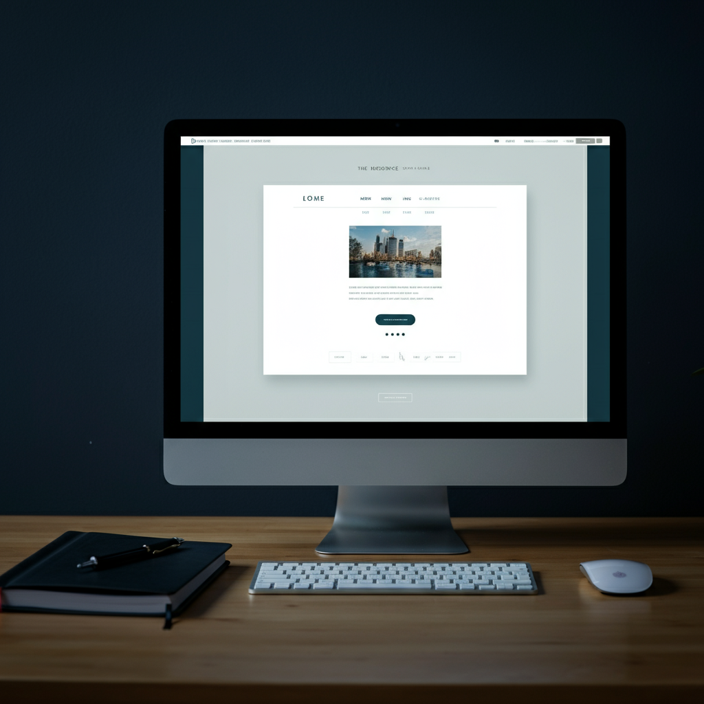 A computer screen displaying a company's website with a clean, modern design. The screen is surrounded by a well-lit, organized workspace with a notebook and pen. Soft lighting reflecting off the screen.