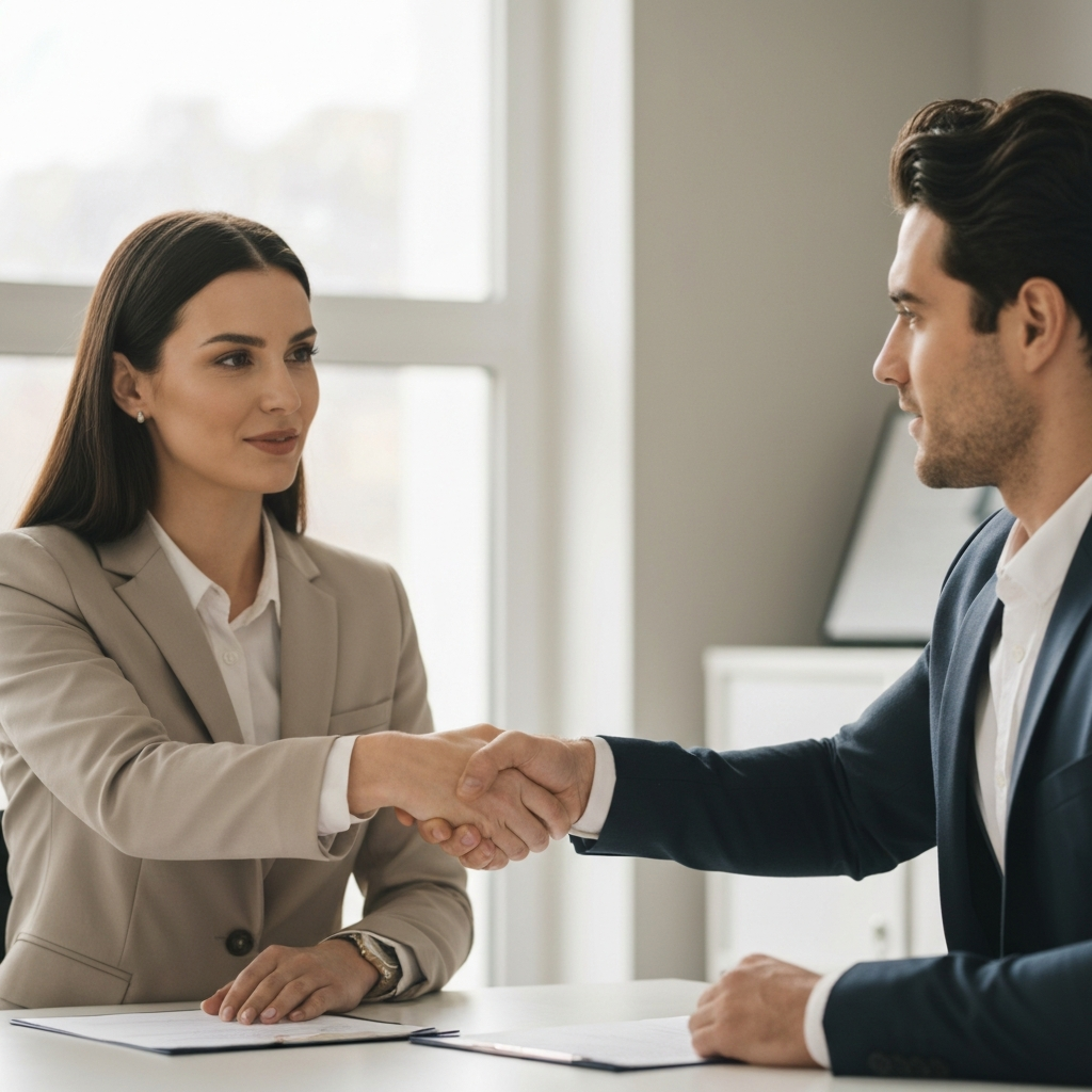 Two business professionals shaking hands over a table in a modern office setting. Soft, natural light filtering through the window. Focus is on the handshake and the confident expressions on their faces.