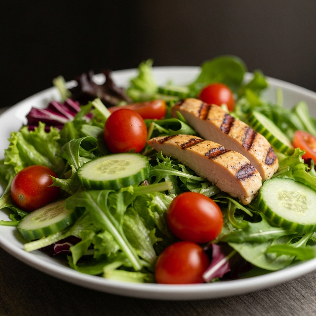 Close-up shot of a vibrant salad with mixed greens, tomatoes, cucumbers, and grilled chicken, side-lit with natural light showcasing the textures and colors.