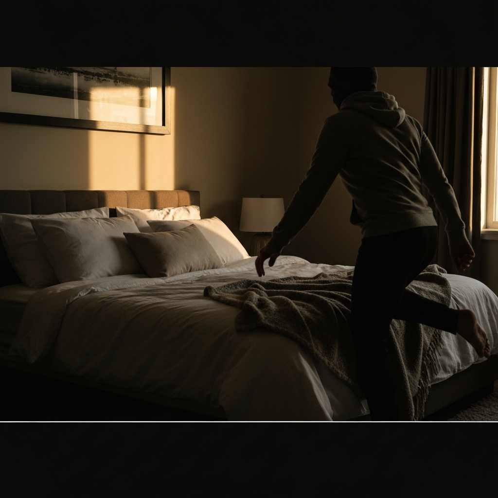 A dimly lit bedroom with soft, ambient light, focusing on a comfortable bed with plush pillows and a cozy blanket, creating a sense of relaxation and tranquility.