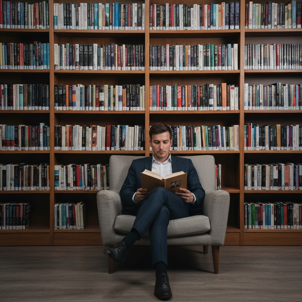 A person sitting in a comfortable chair, reading a book in a well-lit library, surrounded by shelves filled with books, creating a sense of knowledge and exploration.