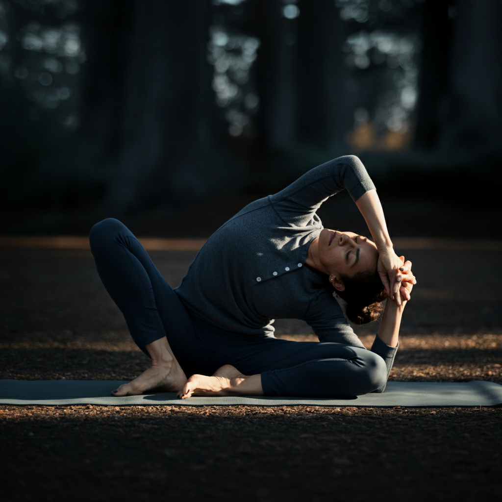 A person practicing yoga in a serene outdoor setting, with soft morning light illuminating their focused expression and highlighting the natural textures of the surrounding environment.