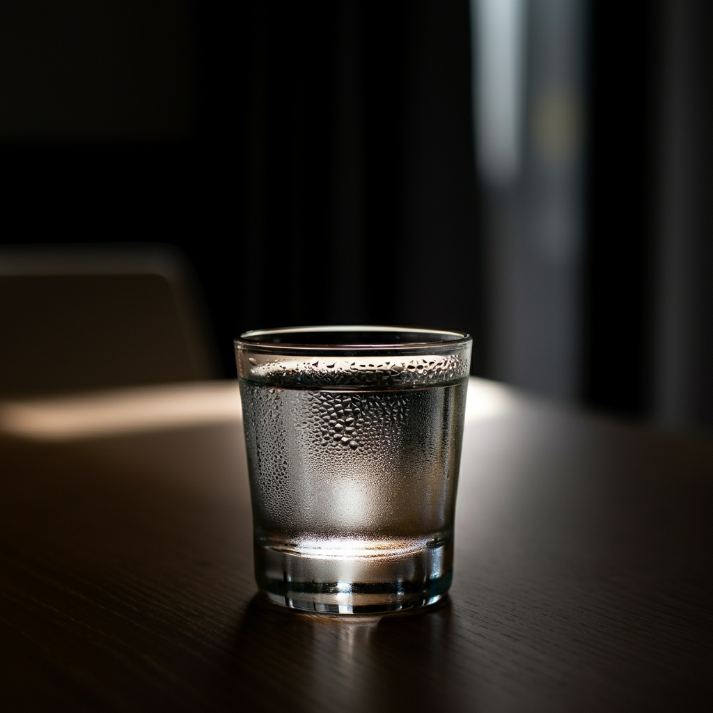 Close-up shot of a clear glass of water with condensation droplets on the outside, placed on a wooden table with soft, diffused light highlighting the transparency and purity of the water.