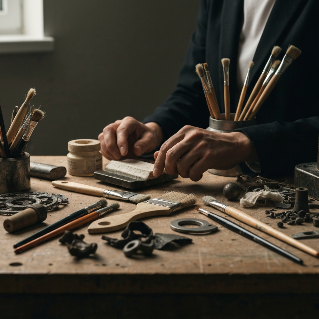 A close-up shot of a workbench cluttered with various tools and materials – paintbrushes of different sizes, scraps of fabric, metal pieces, and found objects. Soft, diffused light fills the space, highlighting the textures of the different materials.