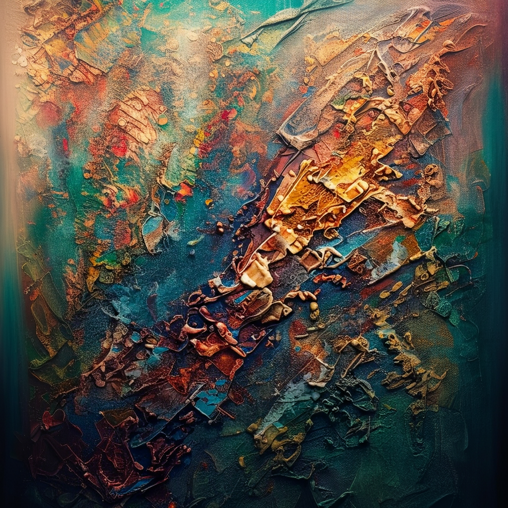 A slightly out-of-focus shot of an abstract painting with visible brushstrokes and drips of paint. The painting is full of vibrant colors and textures, with a sense of energy and movement. The lighting is soft and diffused, creating a sense of depth.