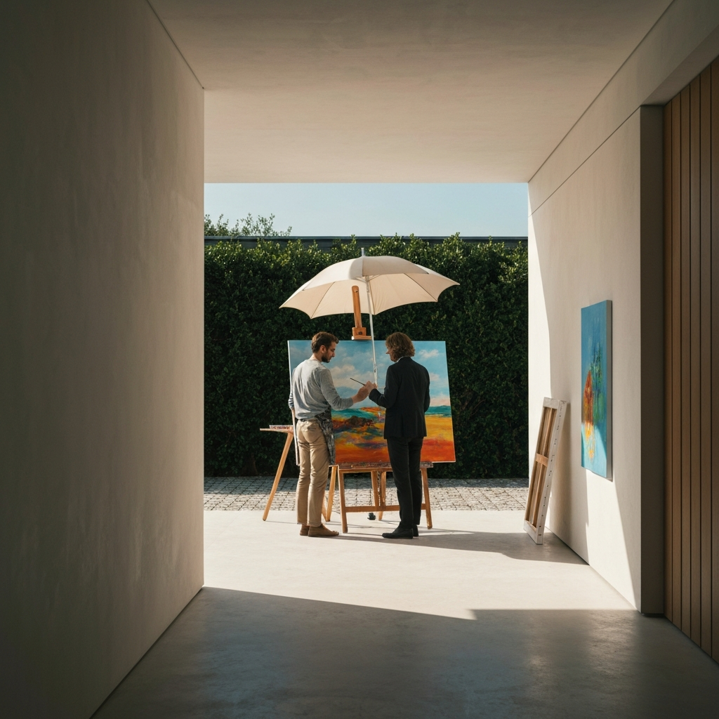 An outdoor art studio on a sunny day. An artist is painting on a large canvas, with a parasol providing shade. The light is bright and warm, highlighting the colors of the painting and the surrounding landscape.