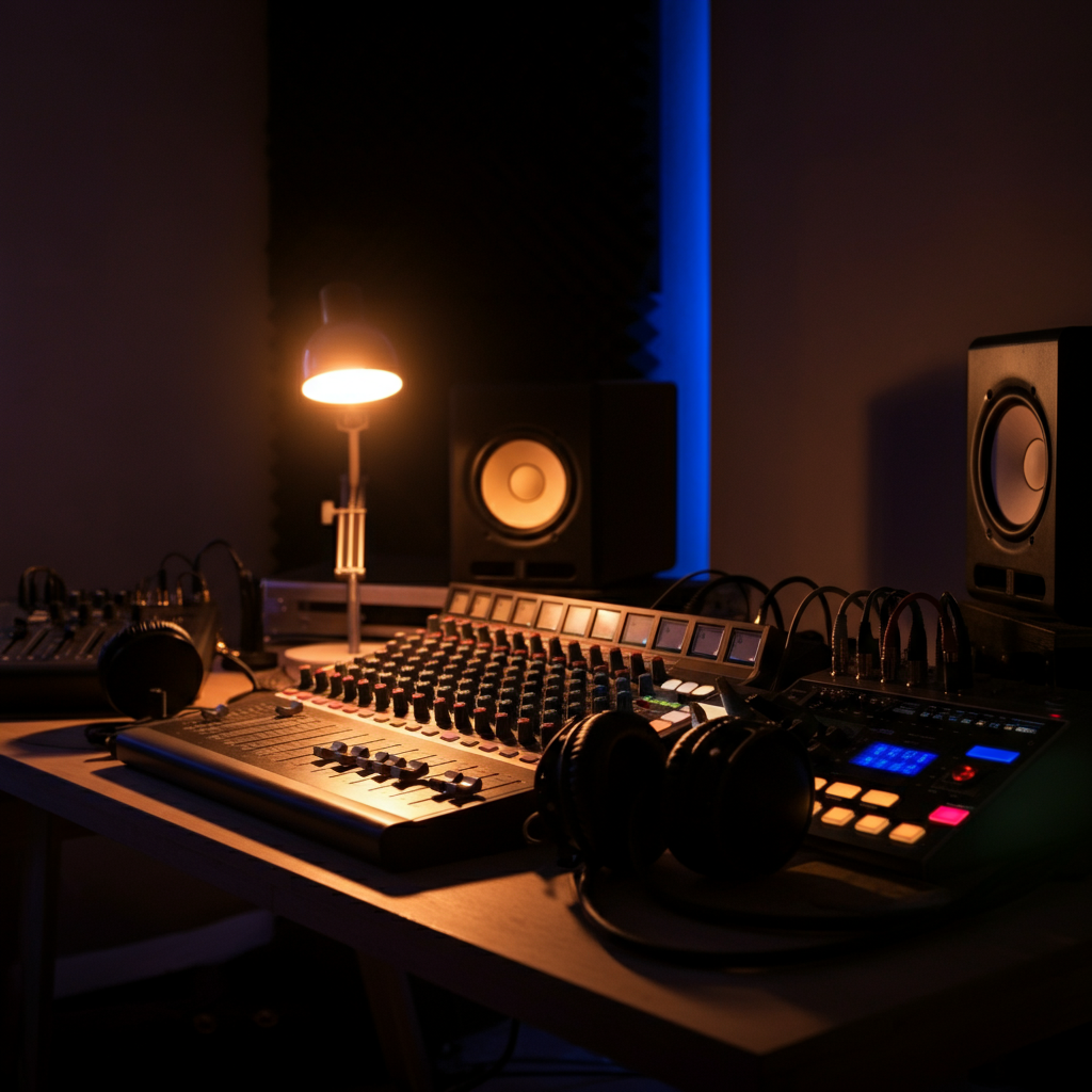 A dimly lit room with sound equipment - a microphone, mixing board, headphones - arranged on a desk. The scene suggests a creative space, possibly a home studio, with a focus on sound design and music production. Low, atmospheric lighting.
