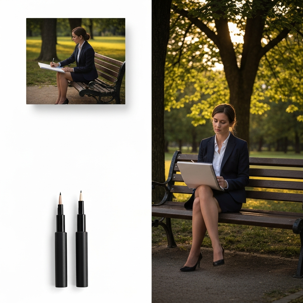 A well-dressed woman sits on a park bench, sketching in a notebook. Trees with lush green leaves surround her. Golden hour lighting bathes the scene.