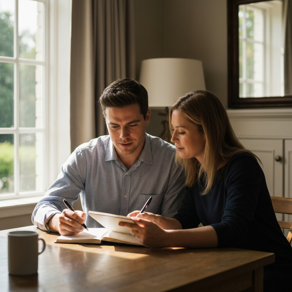 A couple sitting at a table indoors, bathed in soft natural light from a nearby window. They are looking at a wedding planning notebook, pens in hand. The room is decorated with neutral colors and has a relaxed atmosphere.