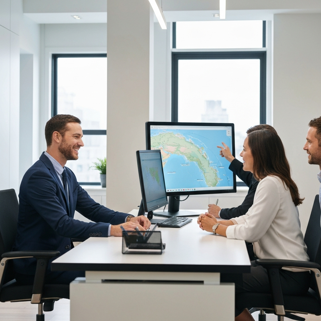 A brightly lit office space, showing a travel agent at their desk, smiling and engaged in conversation with a client couple. They are pointing to a map of the Caribbean on a large screen. The office has a modern and professional design.