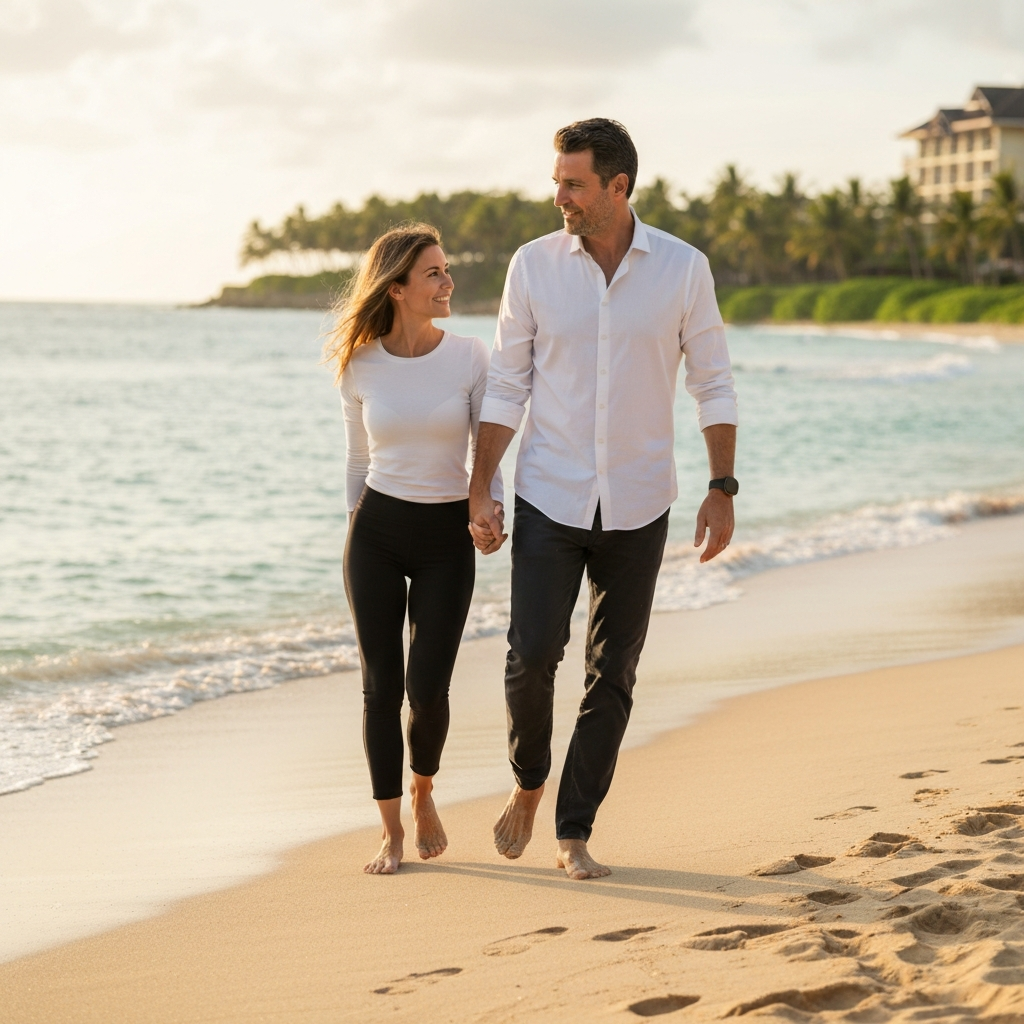 A well-dressed couple walking hand-in-hand on a sandy beach, with the ocean and a tropical resort visible in the background. The lighting is soft and warm, suggesting golden hour.