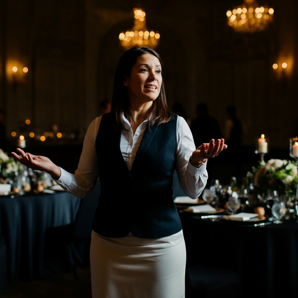 A wedding planner, dressed professionally, is shown smiling and gesturing while coordinating with venue staff during a wedding setup. The scene is busy, but organized, with tables being set and decorations being arranged.